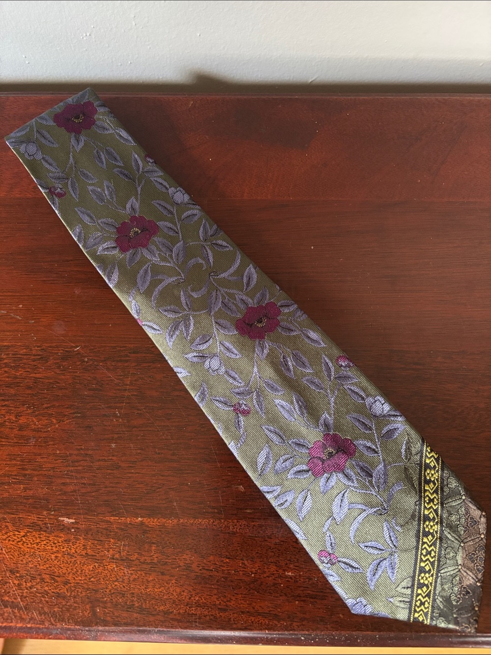 Jean Paul Gaultier Olive Green Tie with Purple Floral Motif